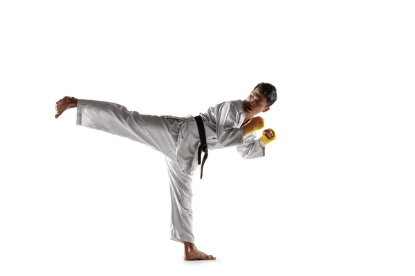 Confident korean man in kimono practicing hand-to-hand combat, martial arts — Stock Photo, Image