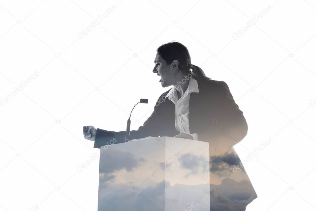 Speaker, coach or chairwoman during politician speech on white background