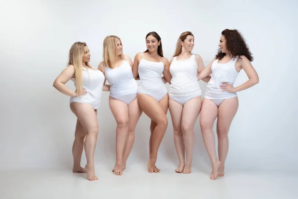 Retrato de mulheres bonitas plus size jovens posando em fundo branco — Fotografia de Stock