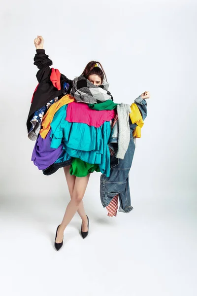 Woman addicted of sales and clothes, overproduction and crazy demand — Stock Photo, Image