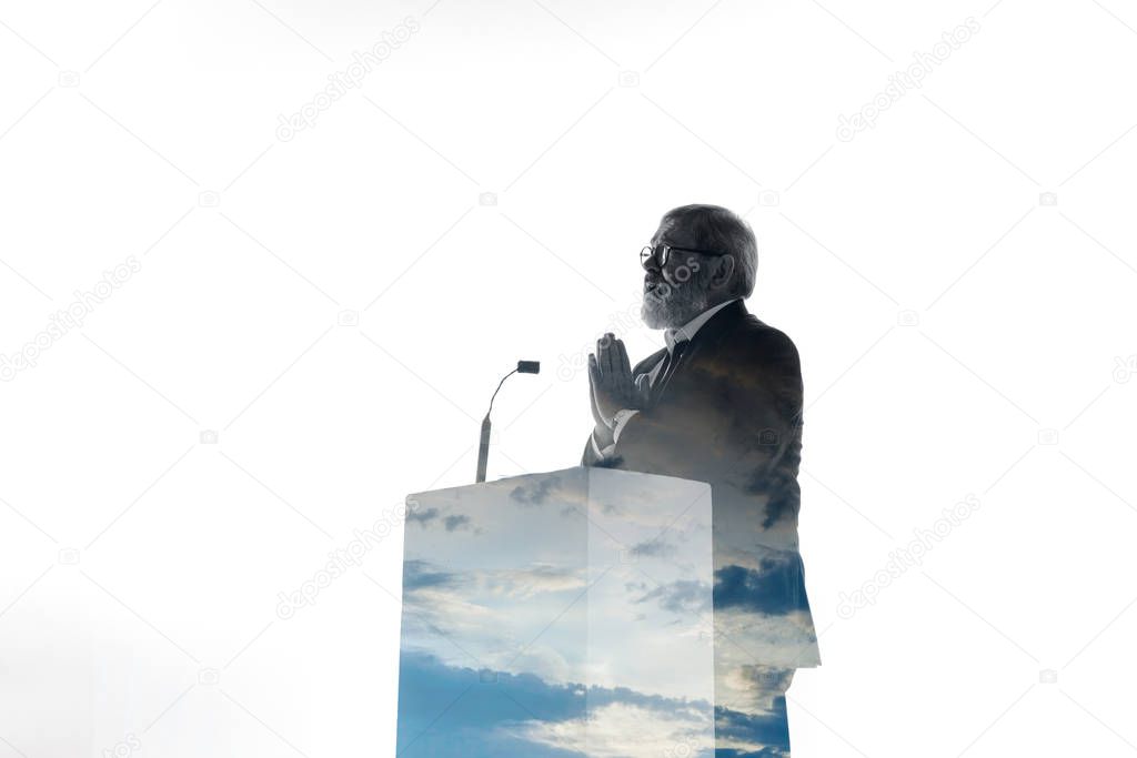 Speaker, coach or chairman during politician speech on white background