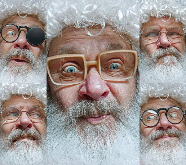 Emocional saludo de Santa Claus en gafas con Año Nuevo y Navidad —  Fotos de Stock