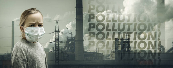 Caucasian girl wearing the respiratory protection mask against air pollution and dusk with factories on background