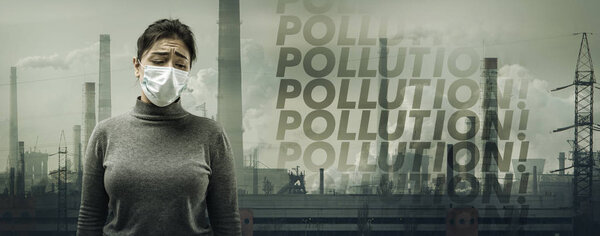 Caucasian woman wearing the respiratory protection mask against air pollution and dusk with factories on background