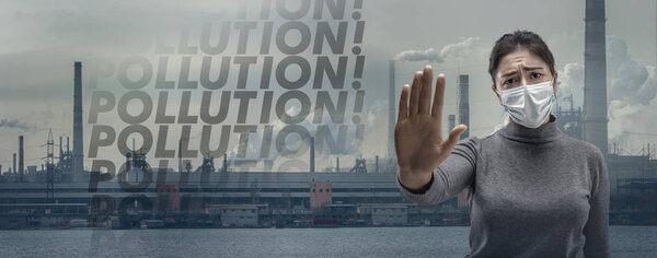 Caucasian woman wearing the respiratory protection mask against air pollution and dusk with factories on background