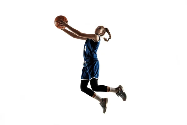 Young caucasian female basketball player against white studio background — Stock Photo, Image