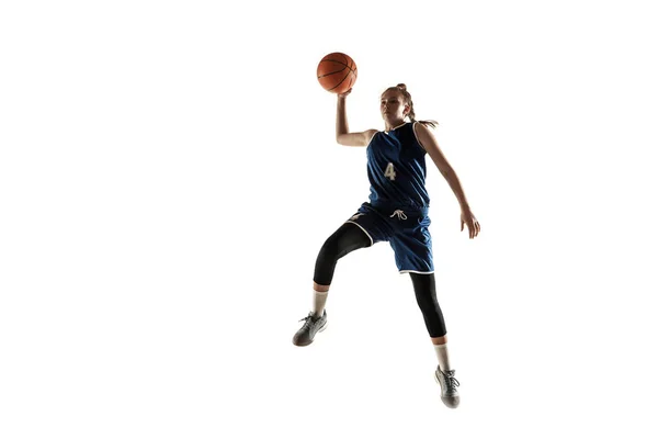 Young caucasian female basketball player against white studio background — Stock Photo, Image