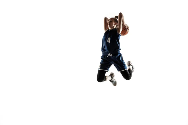 Young caucasian female basketball player against white studio background — Stock Photo, Image