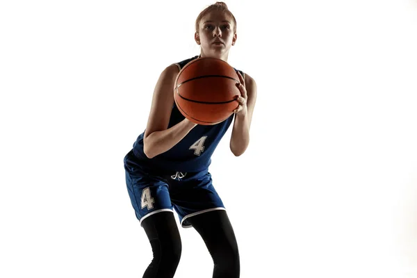 Young caucasian female basketball player against white studio background — Stock Photo, Image