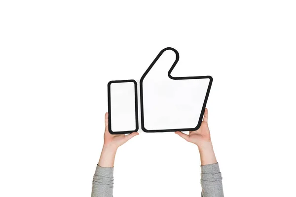 Hands holding the sign of like on white studio background — Stock Photo, Image