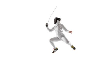Teen girl in fencing costume with sword in hand isolated on white background clipart
