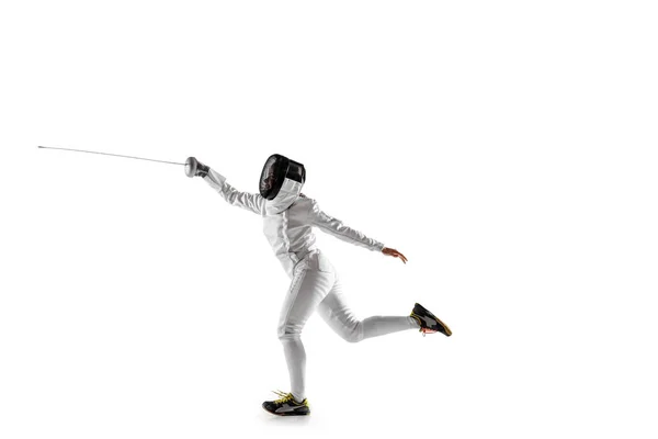 Teen girl in fencing costume with sword in hand isolated on white background — Stock Photo, Image