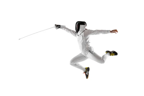 Teen girl in fencing costume with sword in hand isolated on white background — Stock Photo, Image