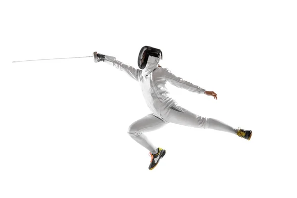 Teen girl in fencing costume with sword in hand isolated on white background — Stock Photo, Image