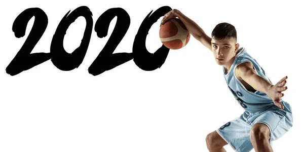 Full length portrait of a young basketball player with ball, meeting 2020 — ストック写真