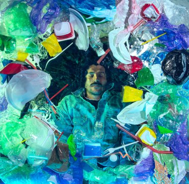 Plastik alıcıların altında okyanus suyunda boğulan adam yığını, çevre konsepti