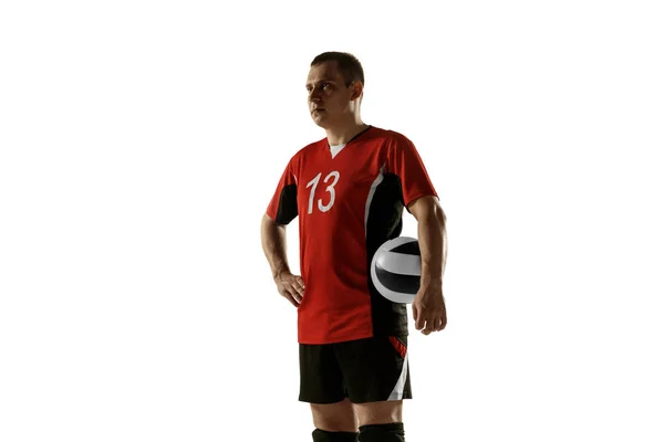 Young caucasian volleyball player placticing isolated on white background — ストック写真