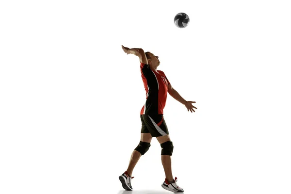 Young caucasian volleyball player placticing isolated on white background — ストック写真