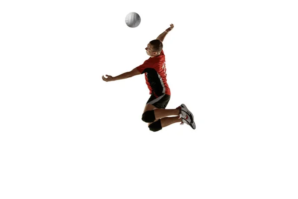 Young caucasian volleyball player placticing isolated on white background — Stock Photo, Image