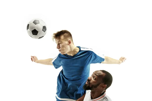 Close up of emotional men playing soccer hitting the ball with the head on isolated on white background — Stockfoto