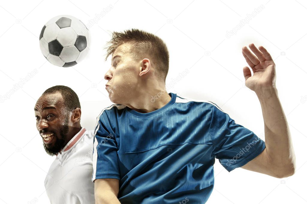 Close up of emotional men playing soccer hitting the ball with the head on isolated on white background