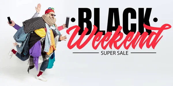 Man addicted of sales and clothes, black weekend, sales concept — ストック写真