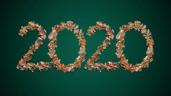 Yeni yıl dilekleri ve yeşil arka planda altın yapraklardan yapılmış 2020 yılı — Stok fotoğraf