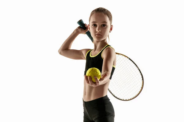 Little caucasian girl playing tennis isolated on white background — Stock Photo, Image