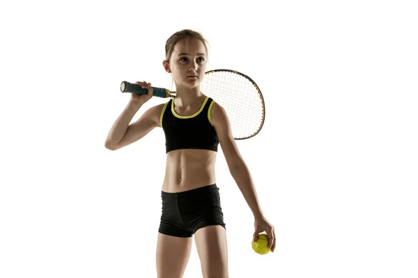 Little caucasian girl playing tennis isolated on white background — Stock Photo, Image