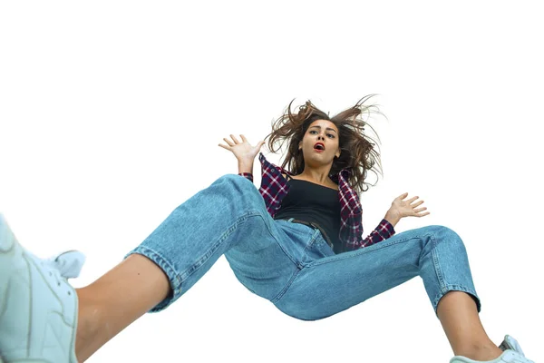 A second before falling - young girl falling down with bright emotions and expression — Stock Photo, Image