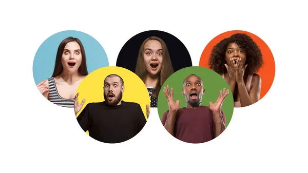 Portrait of group of young people isolated on multicolored studio background, flyer, collage — Stock Photo, Image