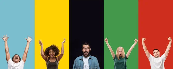 Portrait of group of young people isolated on multicolored studio background, flyer, collage — Stock Photo, Image