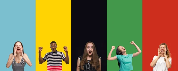 Porträtt av grupp av ungdomar isolerad på flerfärgad studio bakgrund, flygblad, collage — Stockfoto