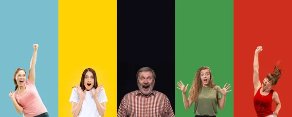 Портрет группы молодых людей, изолированных на многоцветном фоне студии, флаер, коллаж — стоковое фото