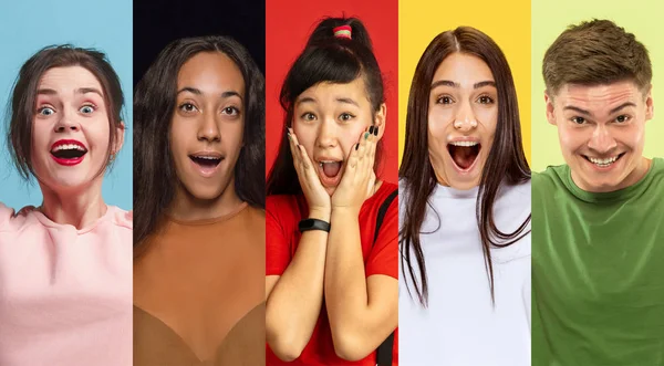 Retrato de grupo de jovens isolados em estúdio multicolorido fundo, folheto, colagem — Fotografia de Stock