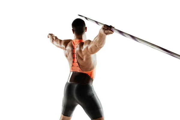 Man atleet oefenen in het gooien van speer geïsoleerd op witte studio achtergrond — Stockfoto