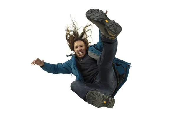 A second before falling - young man falling down with bright emotions and expression — Stock Photo, Image