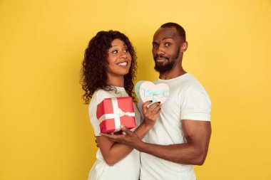 Sevgililer Günü kutlaması, mutlu Afro-Amerikan çifti sarı arka planda izole edilmiş.