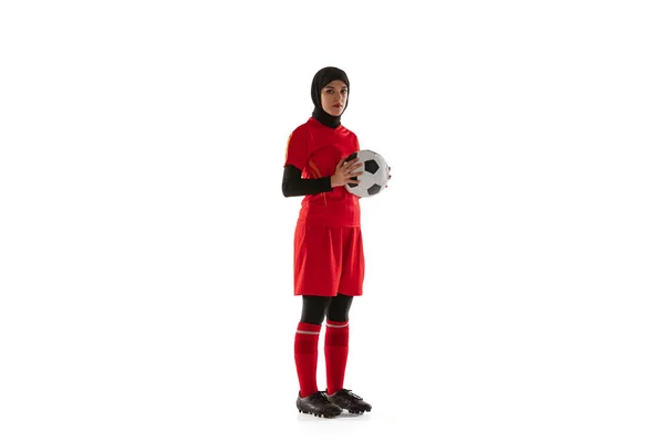 Arabian female soccer or football player isolated on white studio background — 스톡 사진