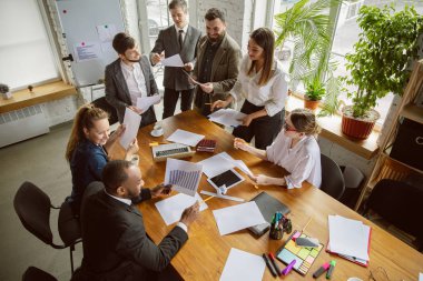 Bir grup genç iş adamı toplantı yapıyor, yaratıcı bir ofis.