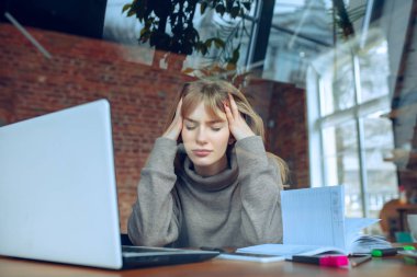 Ofiste dizüstü bilgisayarla çalışan güzel beyaz iş kadını.