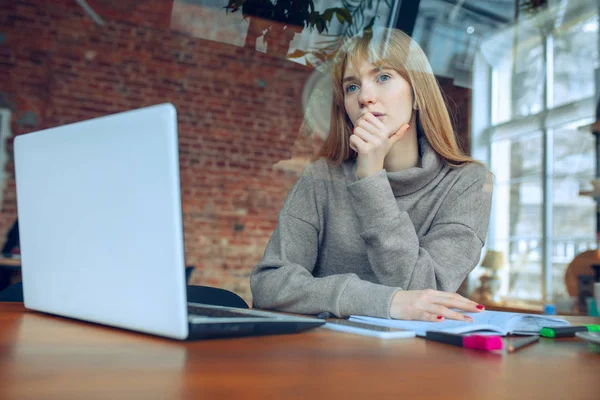 Красива білоруська бізнес-леді працює в офісі з ноутбуком — стокове фото