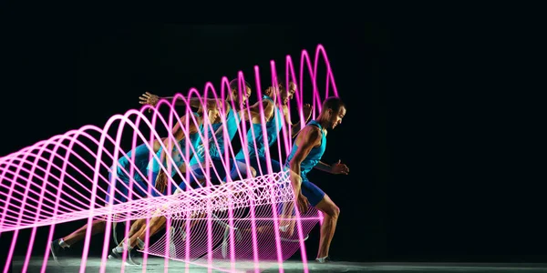 Desporto criativo e ondas de néon no escuro neon iluminado linha de fundo — Fotografia de Stock