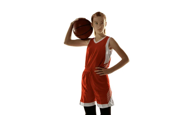 Young caucasian female basketball player against white studio background — Stock Photo, Image