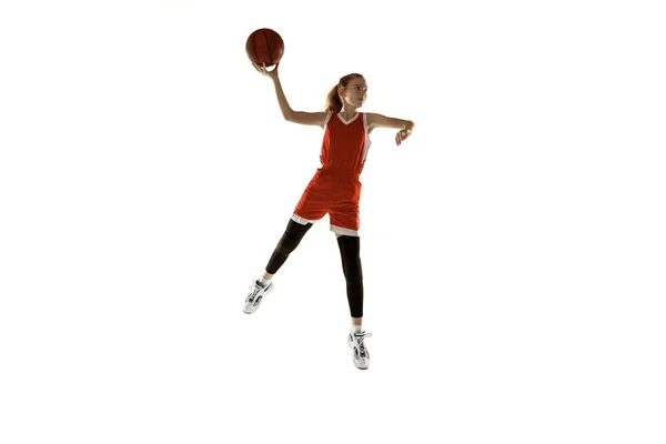 Young caucasian female basketball player against white studio background — Stock Photo, Image