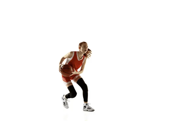 Young caucasian female basketball player against white studio background — Stock Photo, Image