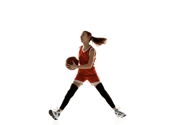 Young caucasian female basketball player against white studio background — Stock Photo, Image