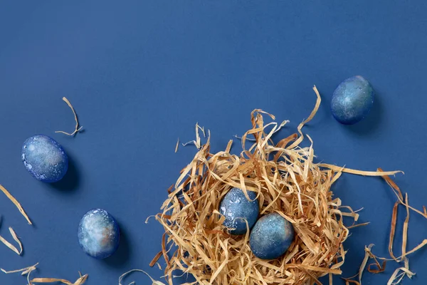 Egg hunt is coming. Easter traditions, space, cosmos colored eggs, top view — Stock Photo, Image