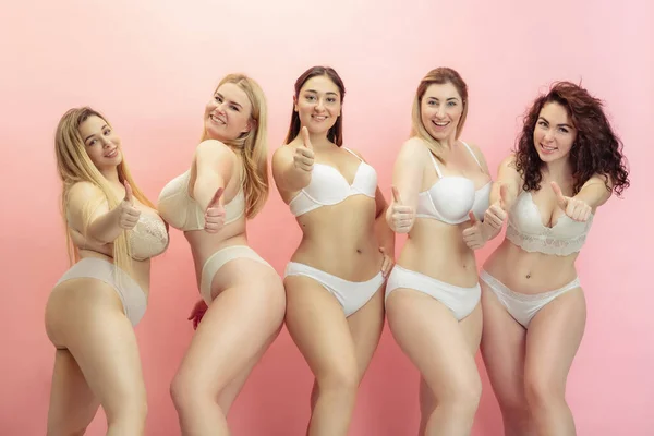 Retrato de hermosas mujeres jóvenes de tamaño grande posando sobre fondo rosa —  Fotos de Stock