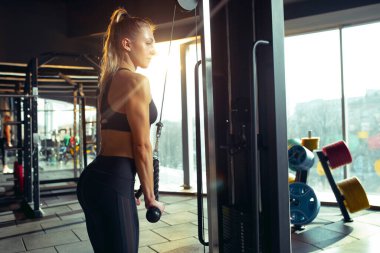 Spor salonunda sıkı çalışan bayan sporcu. Fitness ve sağlıklı yaşam konsepti.
